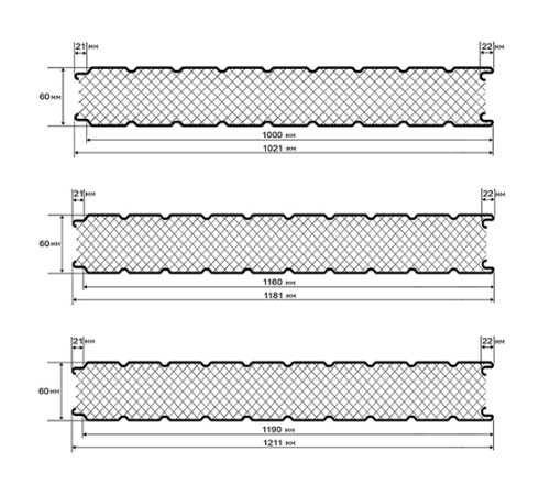 Сэндвич-панель для холодильных камер с пенополиуретаном, ширина 1000 мм, толщина 60 мм, 0.5/0.5, RAL7024