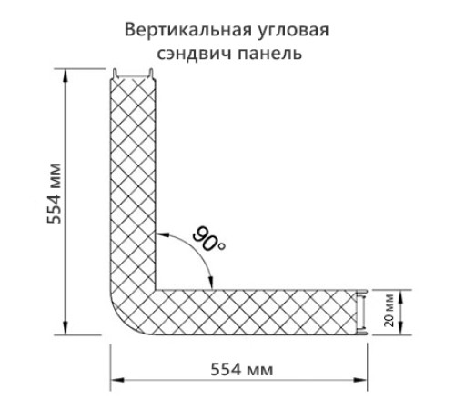 Угловая сэндвич-панель вертикальная из минеральной ваты, 0.5/0.5, ширина 1000 мм, толщина 20 мм, RAL3020
